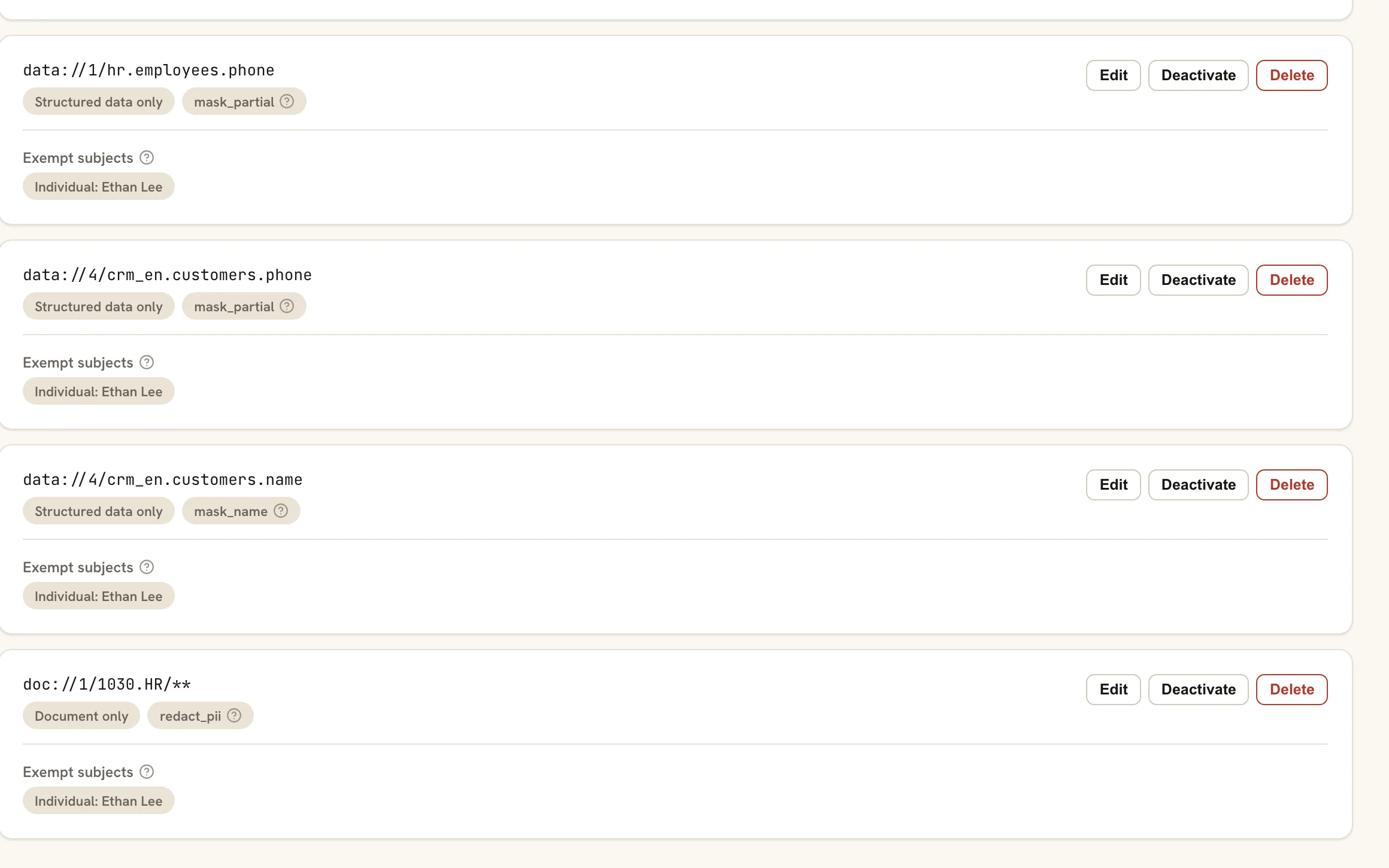 Content filter bindings list where document paths and table columns share one de-identification policy