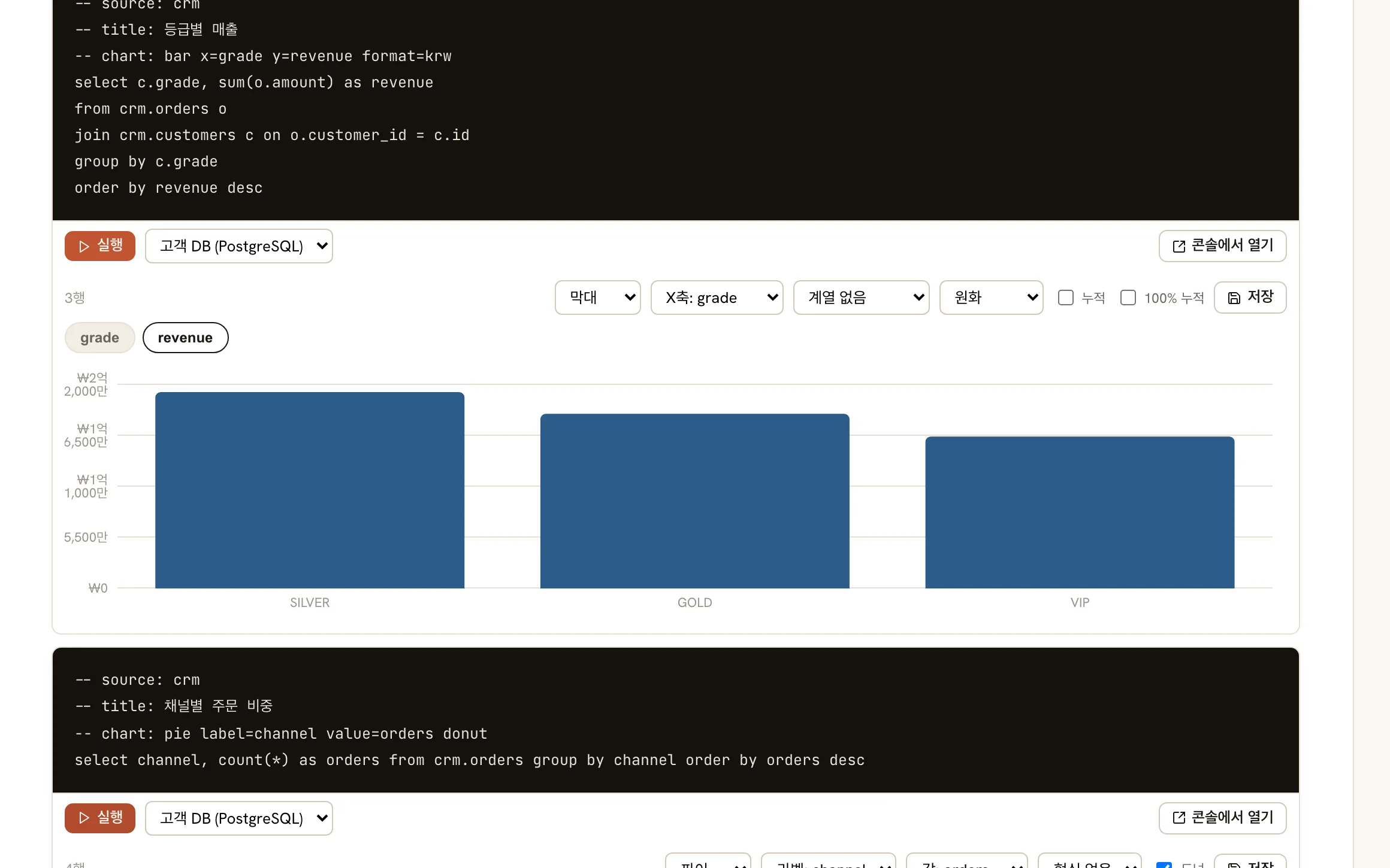 SQL 셀 여러 개의 결과를 선·막대·파이 차트로 보여 주는 정형분석 노트북