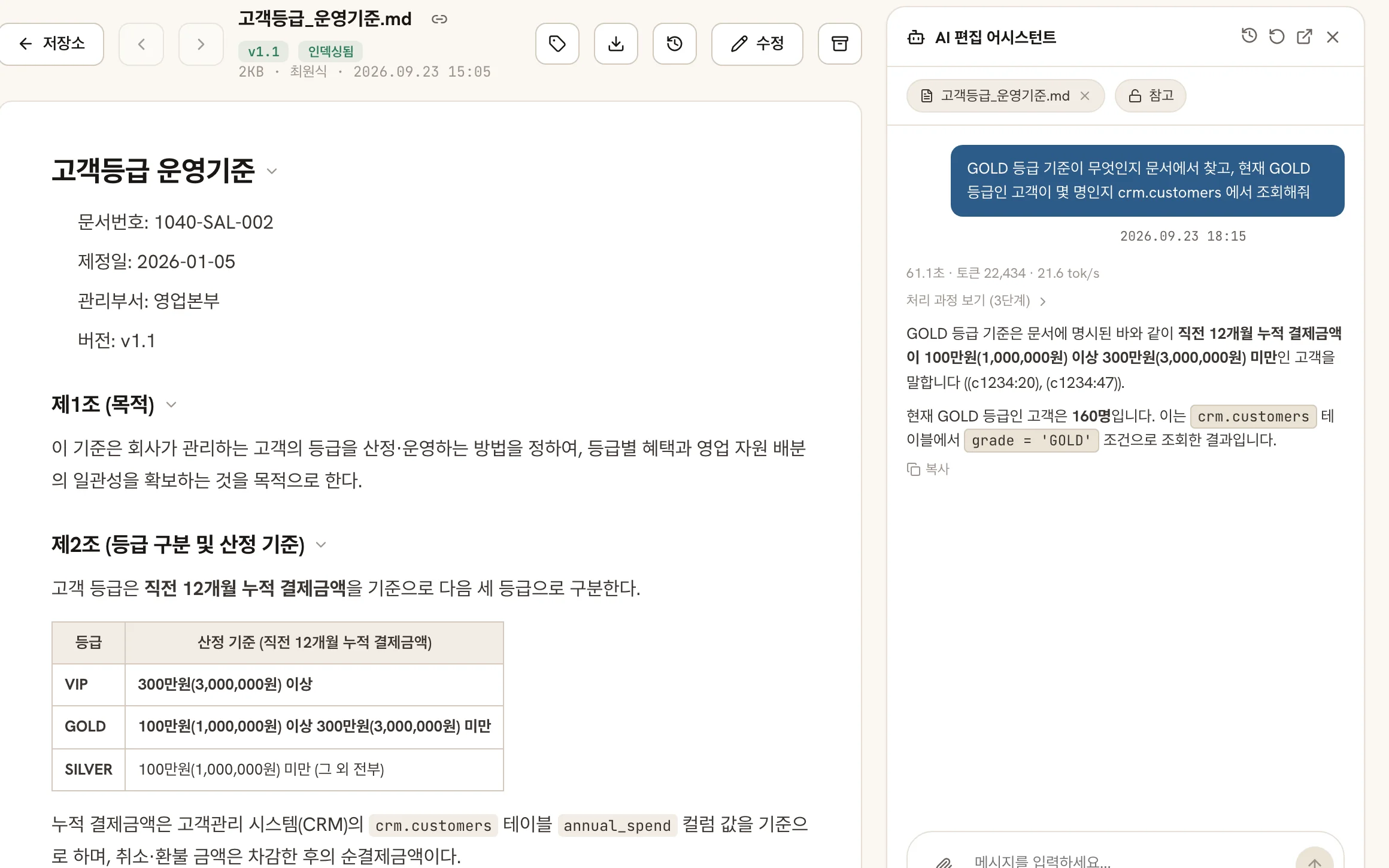 고객등급 운영기준 문서를 열어 둔 채 어시스턴트에 GOLD 기준과 현재 GOLD 고객 수를 물은 화면. 왼쪽에 문서의 등급표, 오른쪽에 기준 인용과 실행된 집계 결과가 보인다.